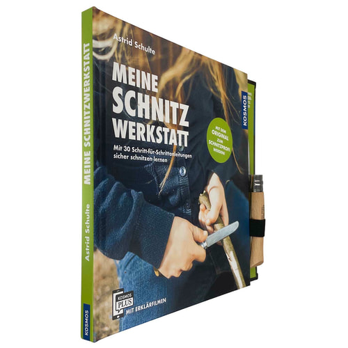 Kosmos Meine Schnitzwerkstatt von Astrid Schulte, Buch mit grünem Buchrücken und Messer mit Holzgriff, seitliche Ansicht des Produkts