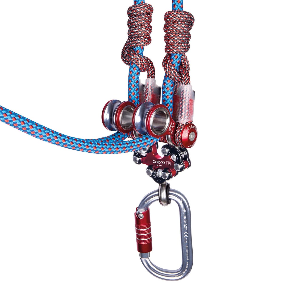 Gyro Lanyard Double mit blauen und roten Kletterseilen, roten Metallrollen und einem grauen Karabiner mit rotem Verschluss