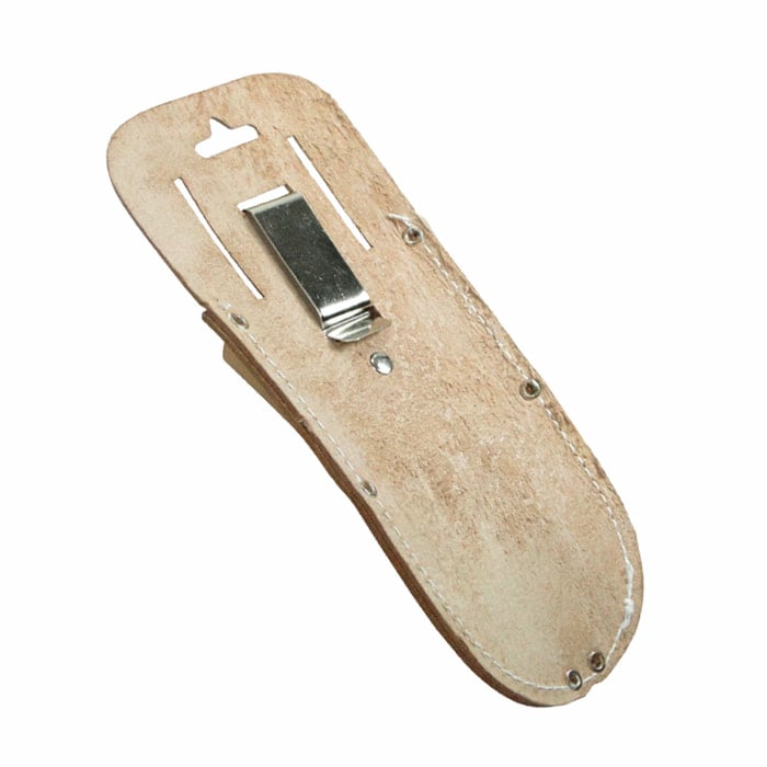 Tabor Werkzeuggürtel aus hellbraunem Leder von der Rückseite mit sichtbarem Metallclip zur Befestigung und weißen Nähten