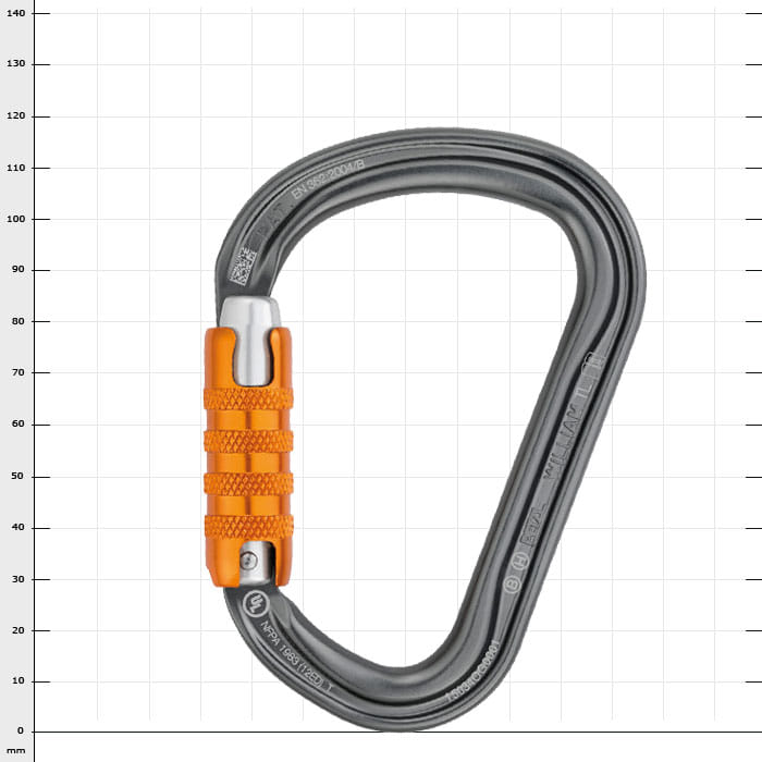 William Triact Karabiner mit grauem Körper und orangefarbenem Verschlussmechanismus