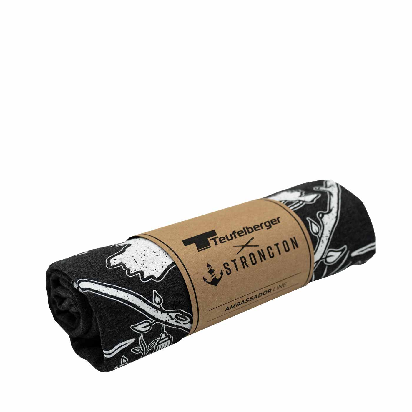 tSPIRIT T-Shirt in Dunkelgrau, zusammengefaltet und mit braunem Papierband mit den Logos von Teufelberger und Stroncton verpackt