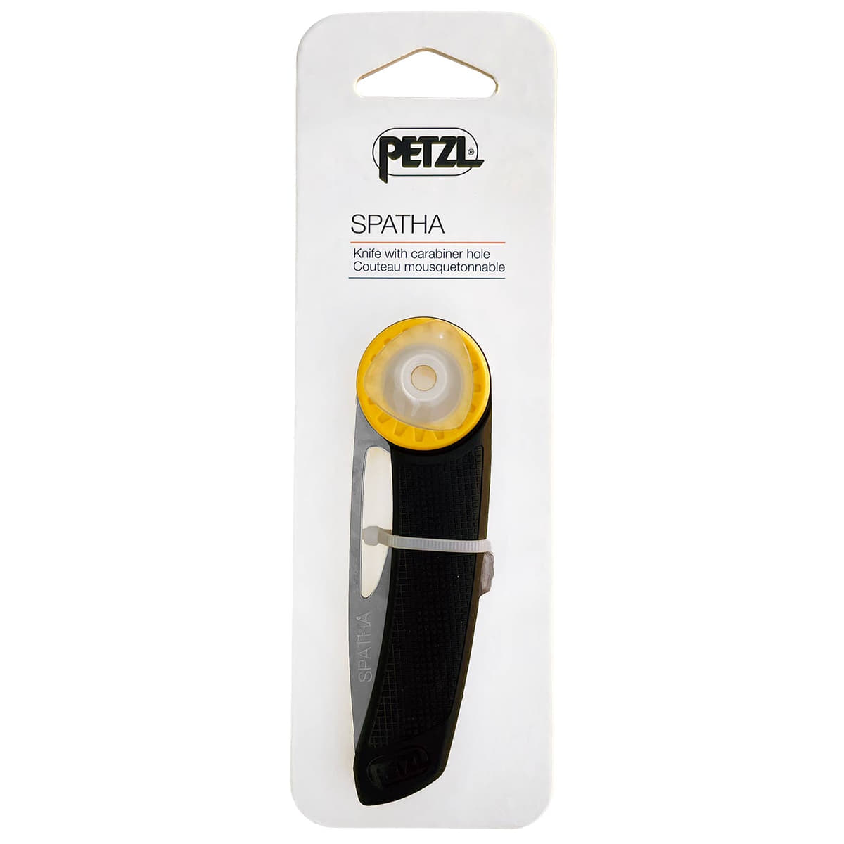 Petzl Spatha Klappmesser verpackt auf weißer Pappkarte mit Petzl Logo und Produktname "SPATHA"