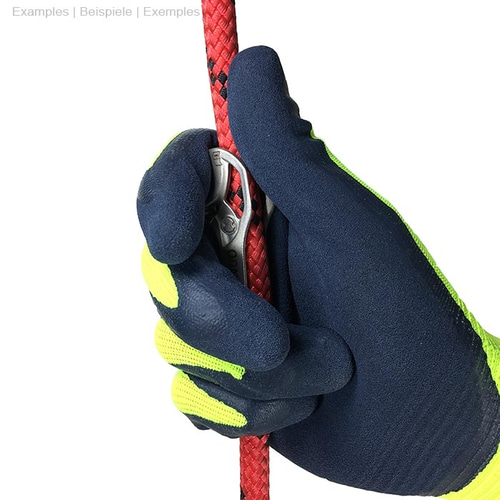Hand mit blau-gelbem Handschuh hält ein rotes Seil mit einem silbernen Metallteil mit der Aufschrift "RINGO" aus anderer Perspektive