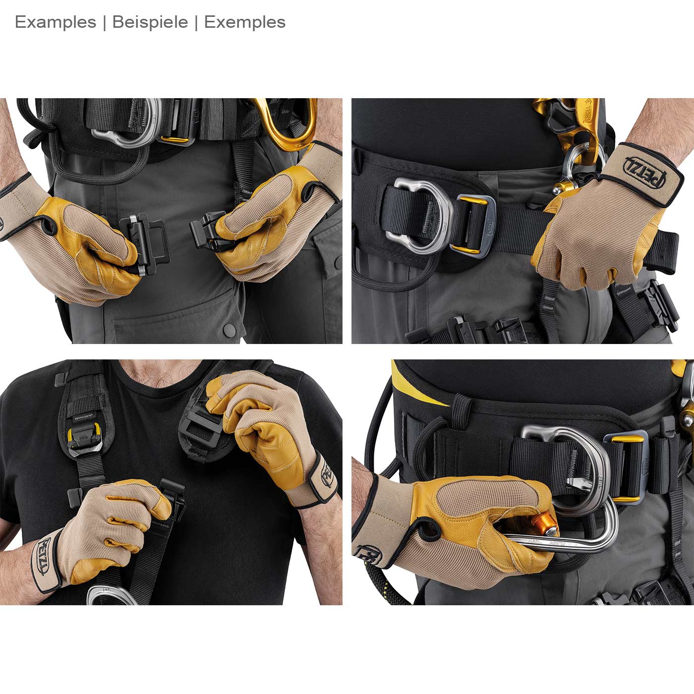 Astro Bod Fast Klettergurt von Petzl in Nahaufnahme mit einer Person, die verschiedene Verschlüsse und Schnallen des Gurts mit Handschuhen bedient
