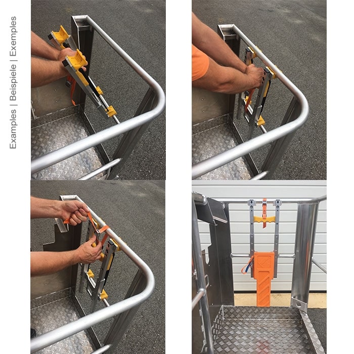 Vier Fotos, die die Montage des Anbauadapters Arbeitskorb Premium an einem Metallgeländer zeigen, mit Händen, die den Adapter befestigen, orangefarbenem Gurt und orangefarbenem Werkzeughalter, Hersteller nicht sichtbar