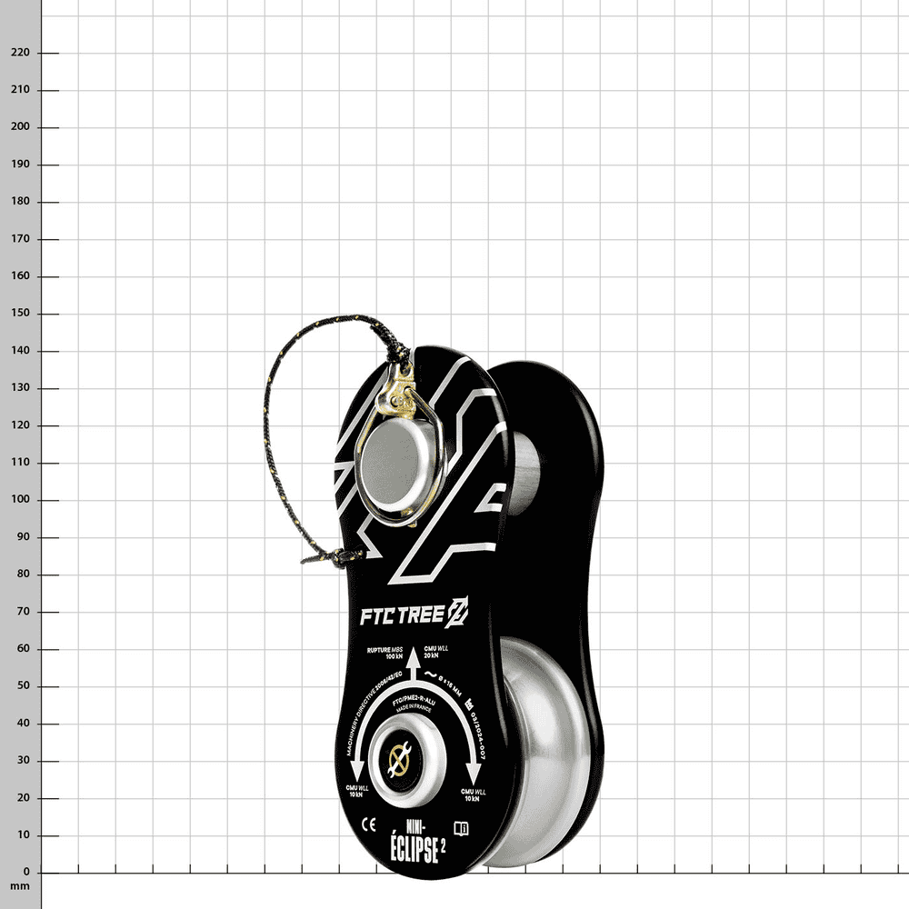 Mini-Eclipse 2 Alu, schwarze Umlenkrolle mit weißen Aufdrucken, Metallrolle und befestigter Sicherungsschlaufe