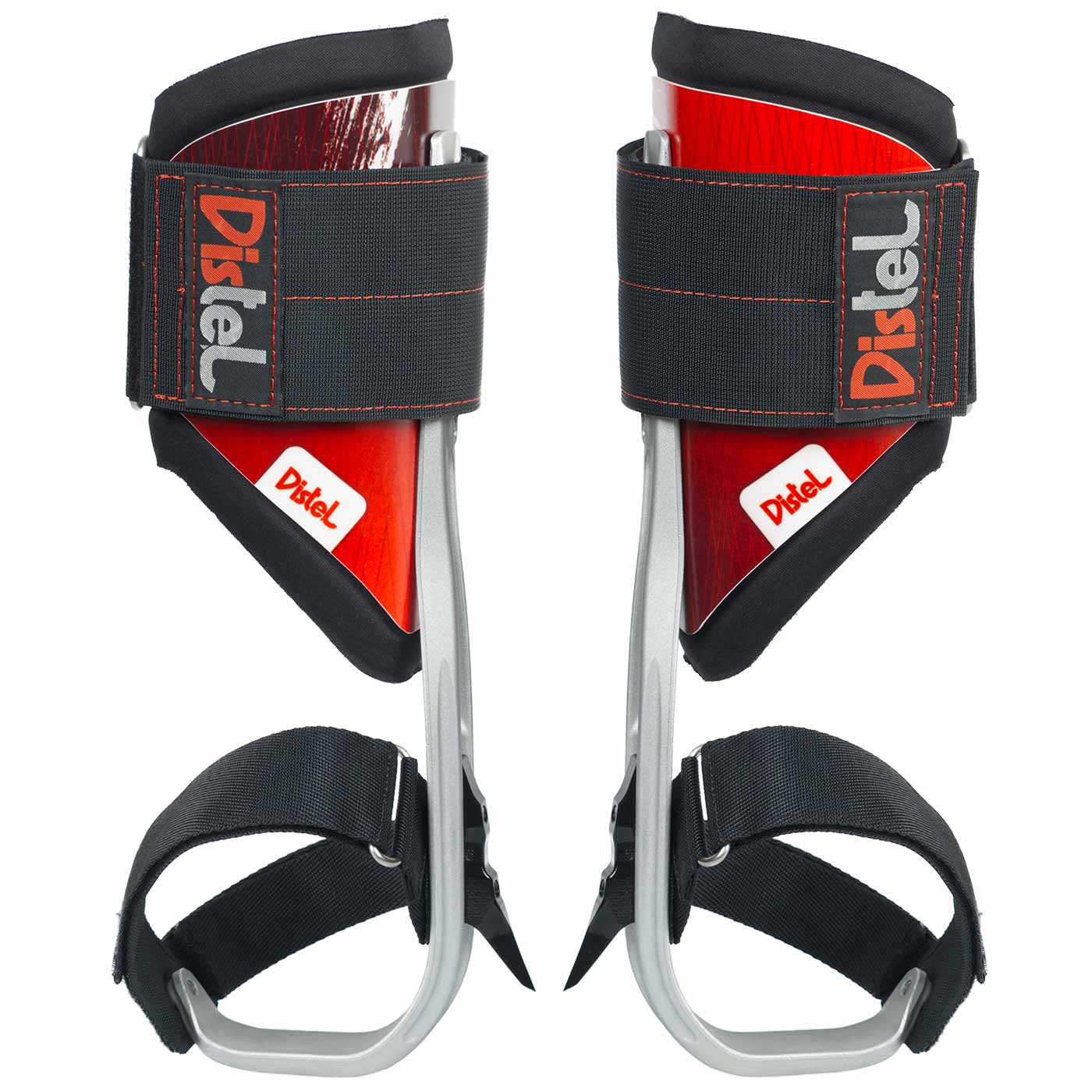 Distel Alu 3.1 Velcro von Distel, zwei Fußsporne mit schwarzem Klettverschluss und roten Holzteilen