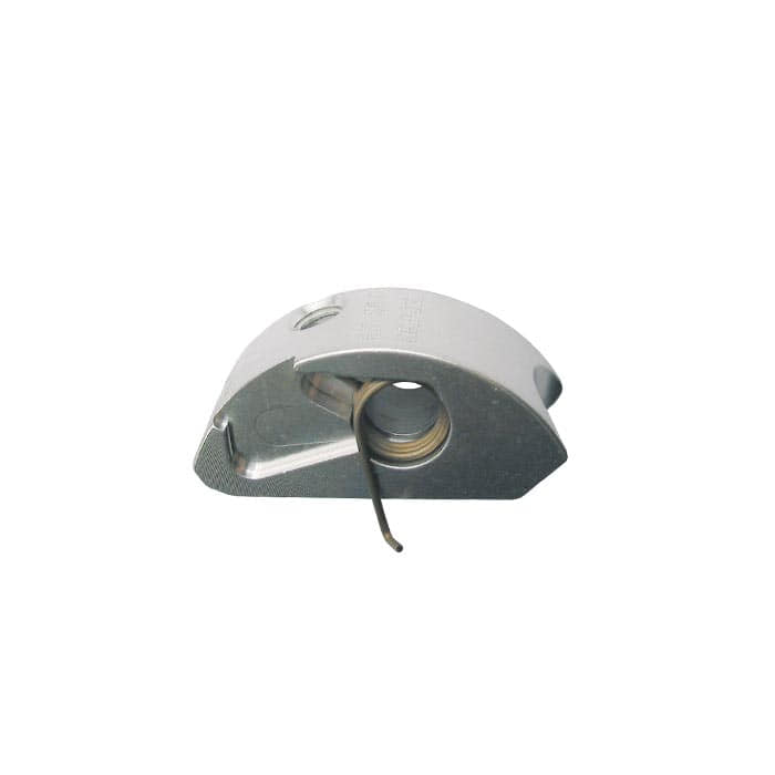 Positioner Klemmbacke S, silbernes Metallteil mit Feder, halbkreisförmig und kompakt