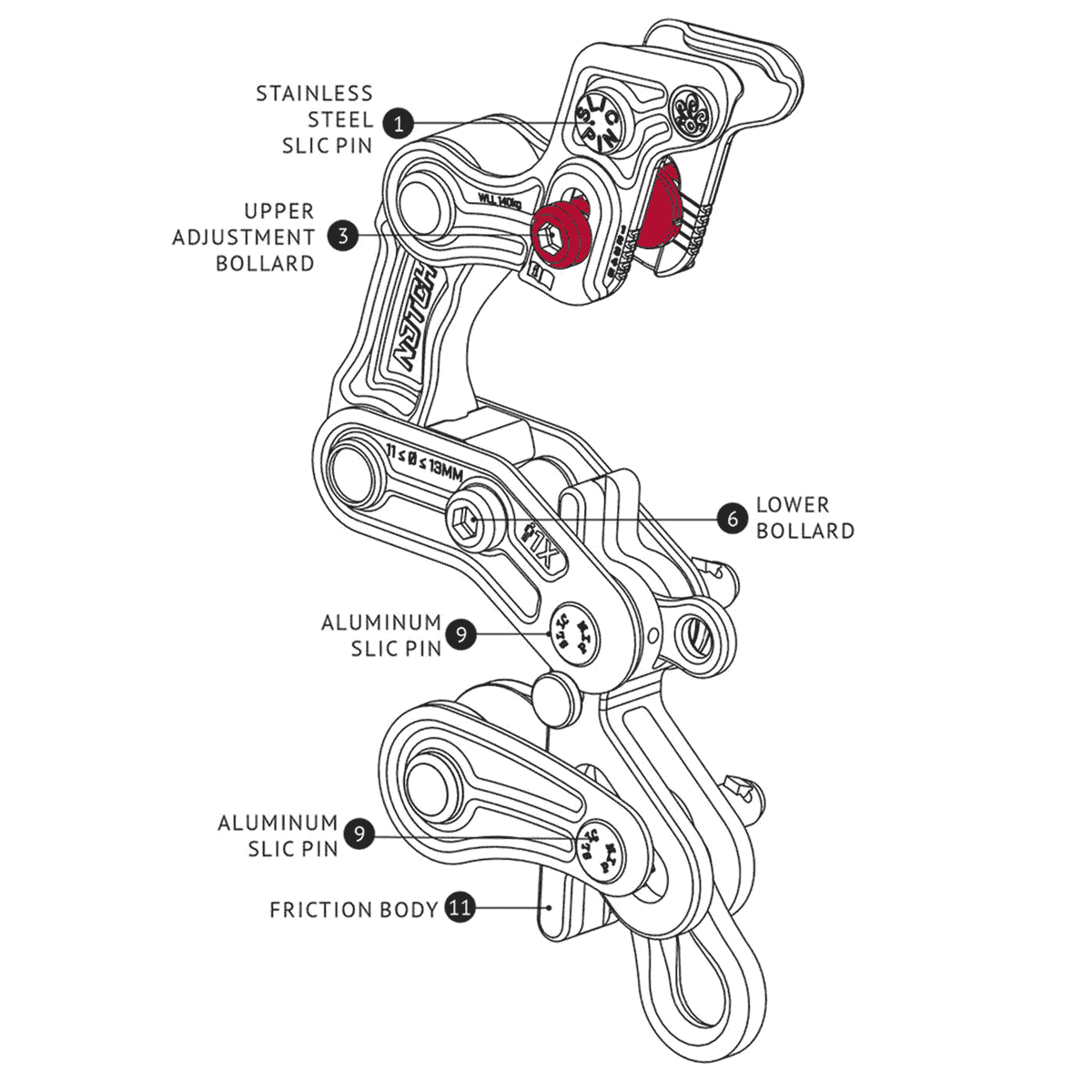 Technische Zeichnung des Rope Runner Pro Upper Adjustment Bollard mit Beschriftungen in englischer Sprache, die verschiedene Teile des Geräts zeigen, darunter Edelstahl- und Aluminiumstifte sowie den Upper Adjustment Bollard selbst.