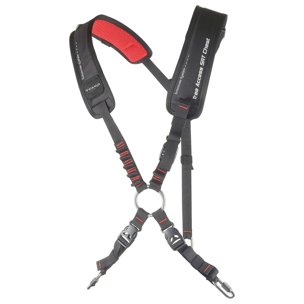Schwarzer Tree Access SRT Chest Brustgurt mit roten Polstern und silbernem Metallring in der Mitte, Hersteller CAMP
