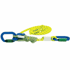 miniGLIDE gelbes Seil mit blauem Karabiner und blauer Umlenkrolle, grüne Schlaufe und Knoten, flach liegend