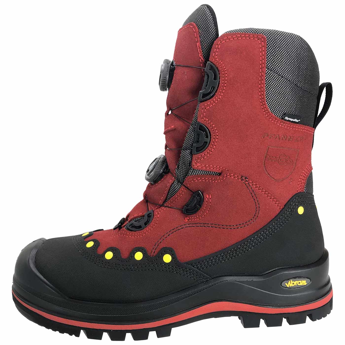 BOA® Schnittschutzschuh seitliche Ansicht in Rot und Schwarz mit gelben Punkten, schwarzer Sohle mit rotem Streifen und zwei schwarzen Drehverschlüssen