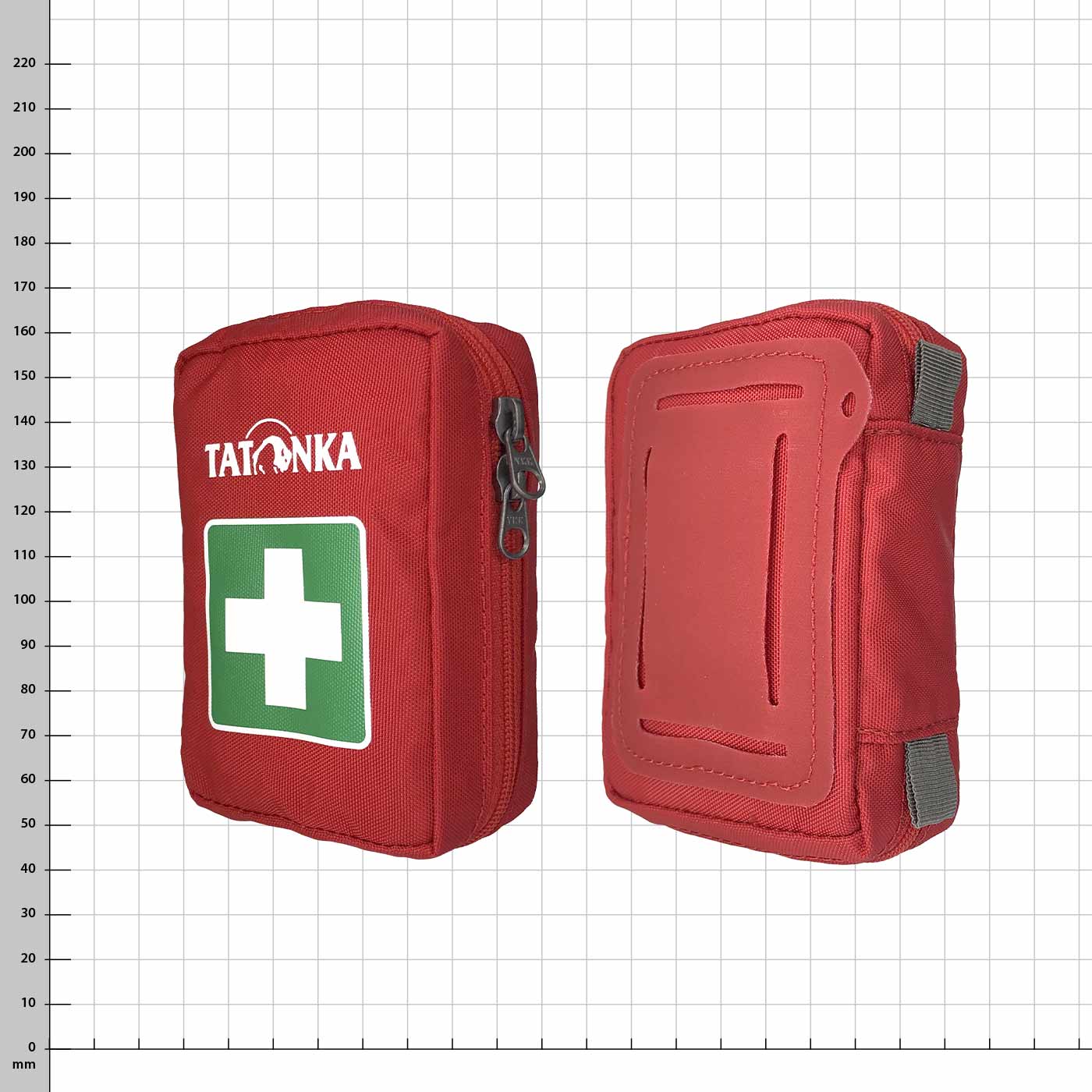 Rotes Tatonka First Aid XS Set mit weißem Kreuz auf grünem Hintergrund, Vorder- und Rückseite sichtbar