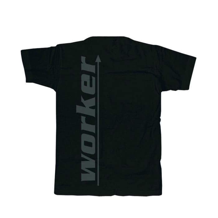 Schwarzes T-Shirt mit grauem senkrechtem Schriftzug "worker" auf der Rückseite, Produktname Tree Frog