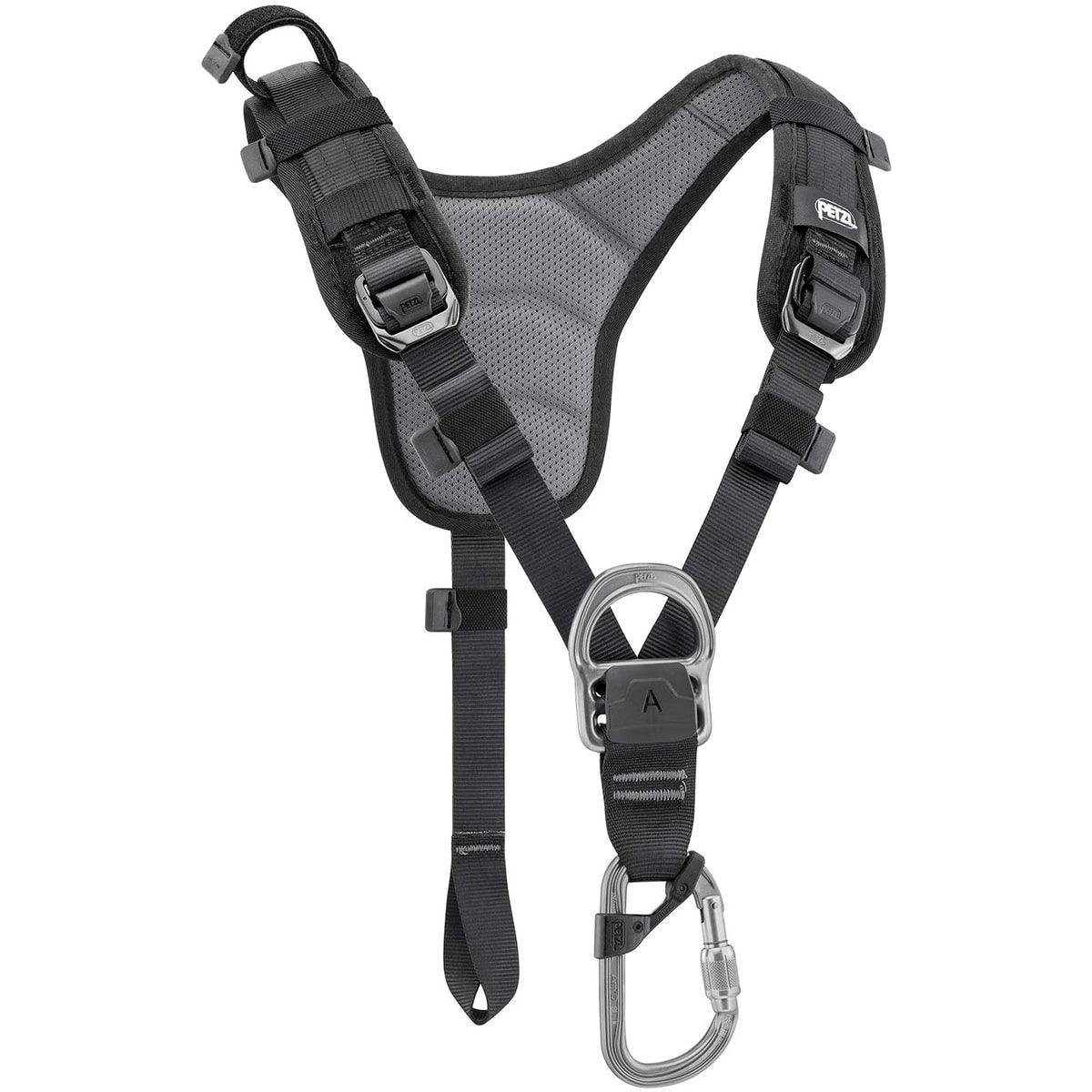 Top von Petzl, schwarzes Schultergurt mit grauem gepolstertem Rückenteil und Metallösen vorne, Karabinerhaken befestigt