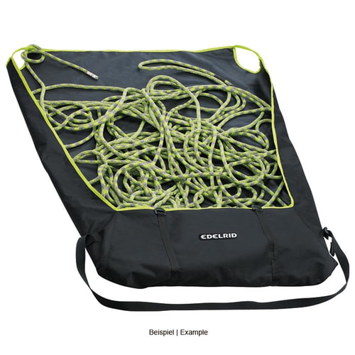 Edelrid Liner schwarze Tasche mit gelbgrünen Akzenten geöffnet, darin liegt ein gelbgrünes Kletterseil, die Tasche hat zwei Tragegriffe und einen Tragegurt