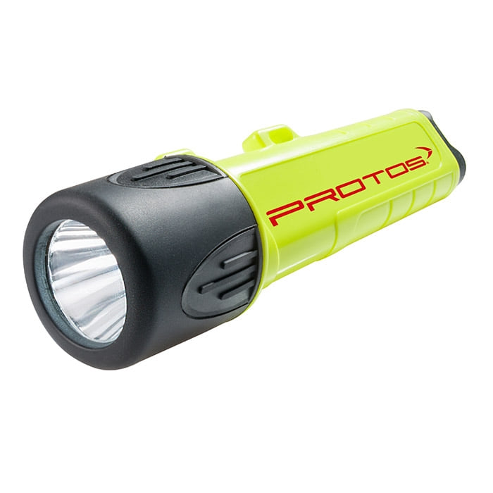 Maclip Light Taschenlampe von Protos in gelb mit schwarzem Lampenkopf und rotem Protos-Schriftzug