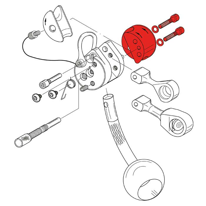 Technische Zeichnung mit mehreren Bauteilen, darunter das rote LockJack Gerätewange Teil, dargestellt in einer Explosionsansicht