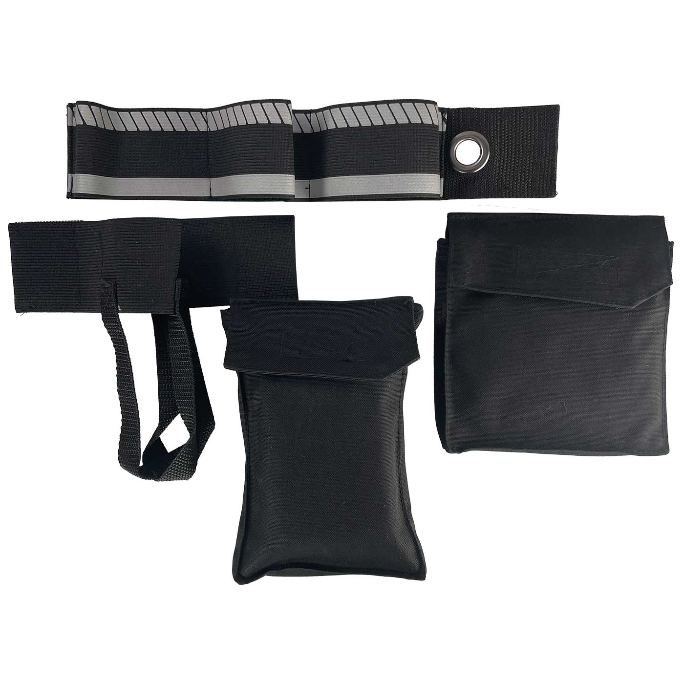 My Gear Vest Basic Set mit einem schwarzen elastischen Gurt mit reflektierendem Muster und zwei schwarzen Taschen mit Klappe
