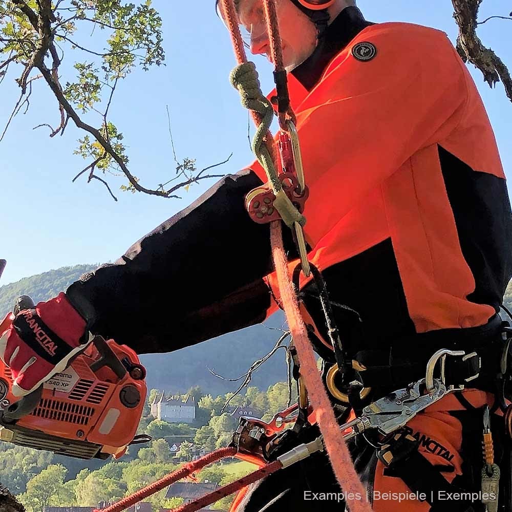 Person trägt Herma Jacke von Francital in orange und schwarz beim Arbeiten mit Kletterausrüstung und Motorsäge