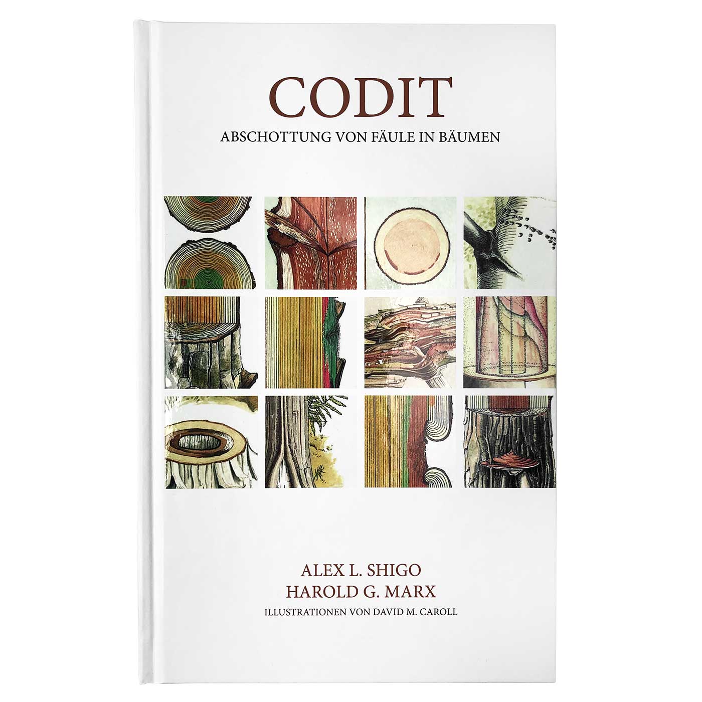Buch CODIT mit dem Untertitel "Abschottung von Fäule in Bäumen" von Alex L. Shigo und Harold G. Marx, mit Illustrationen von David M. Caroll, weißes Hardcover mit zwölf kleinen bunten Baumillustrationen auf dem Cover