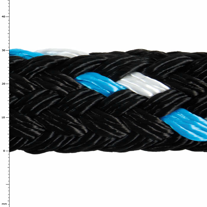 GEFA 10 t PA blau, Nahaufnahme eines geflochtenen schwarzen Seils mit blauen und weißen Fäden