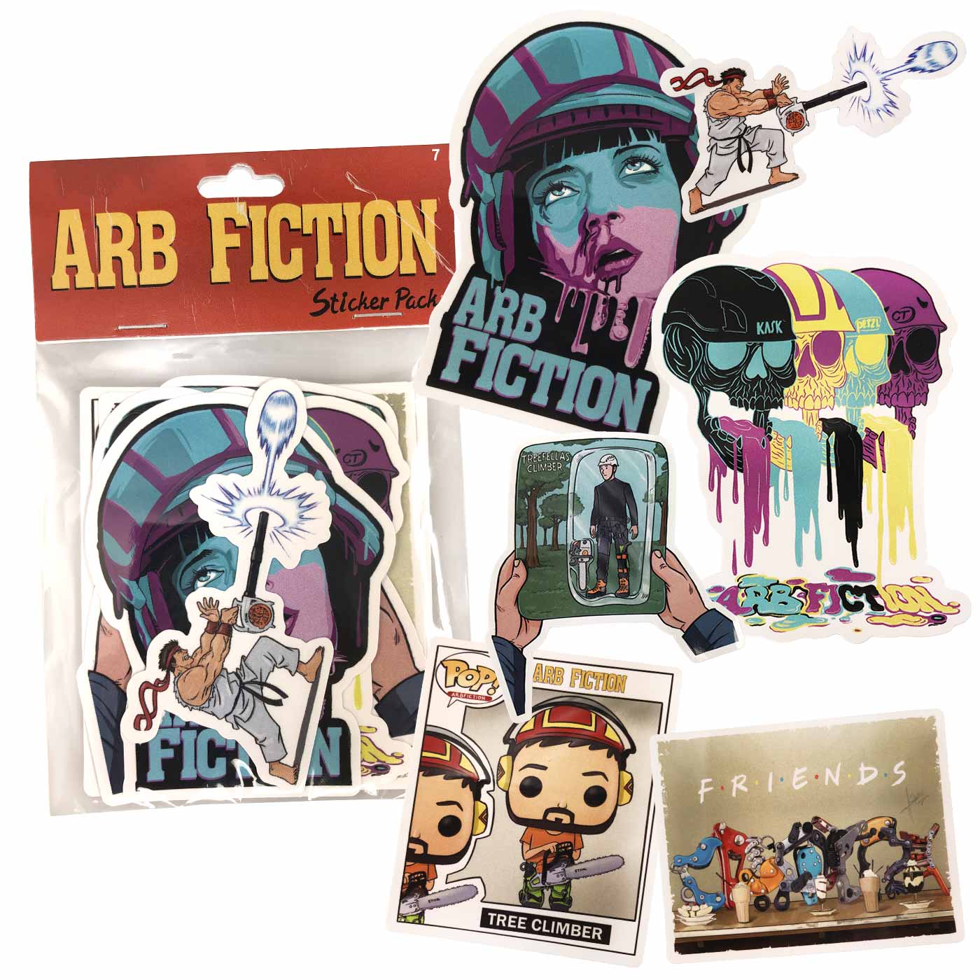 ARB Fiction Pack Vol. 7 Sticker Pack mit verschiedenen bunten Aufklebern, darunter ein blauer und lila Helm, ein kämpfender Charakter und mehrere Totenköpfe mit Helmen, Hersteller ARB Fiction
