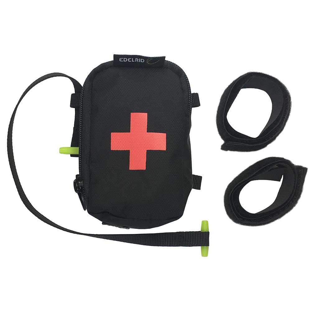 TreeRex First Aid Bag von Edelrid, schwarze Tasche mit rotem Kreuz, schwarzem Gurt mit gelbem Ende und zwei schwarzen Klettbändern