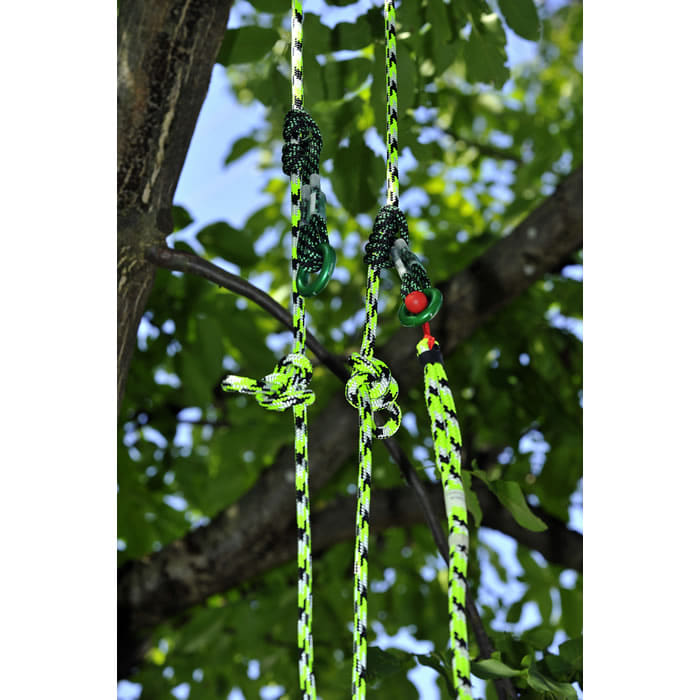 Sirius ringLOOP, drei grün-schwarze Seile mit grünen Metallringen, hängend an einem Baum mit grünen Blättern im Hintergrund