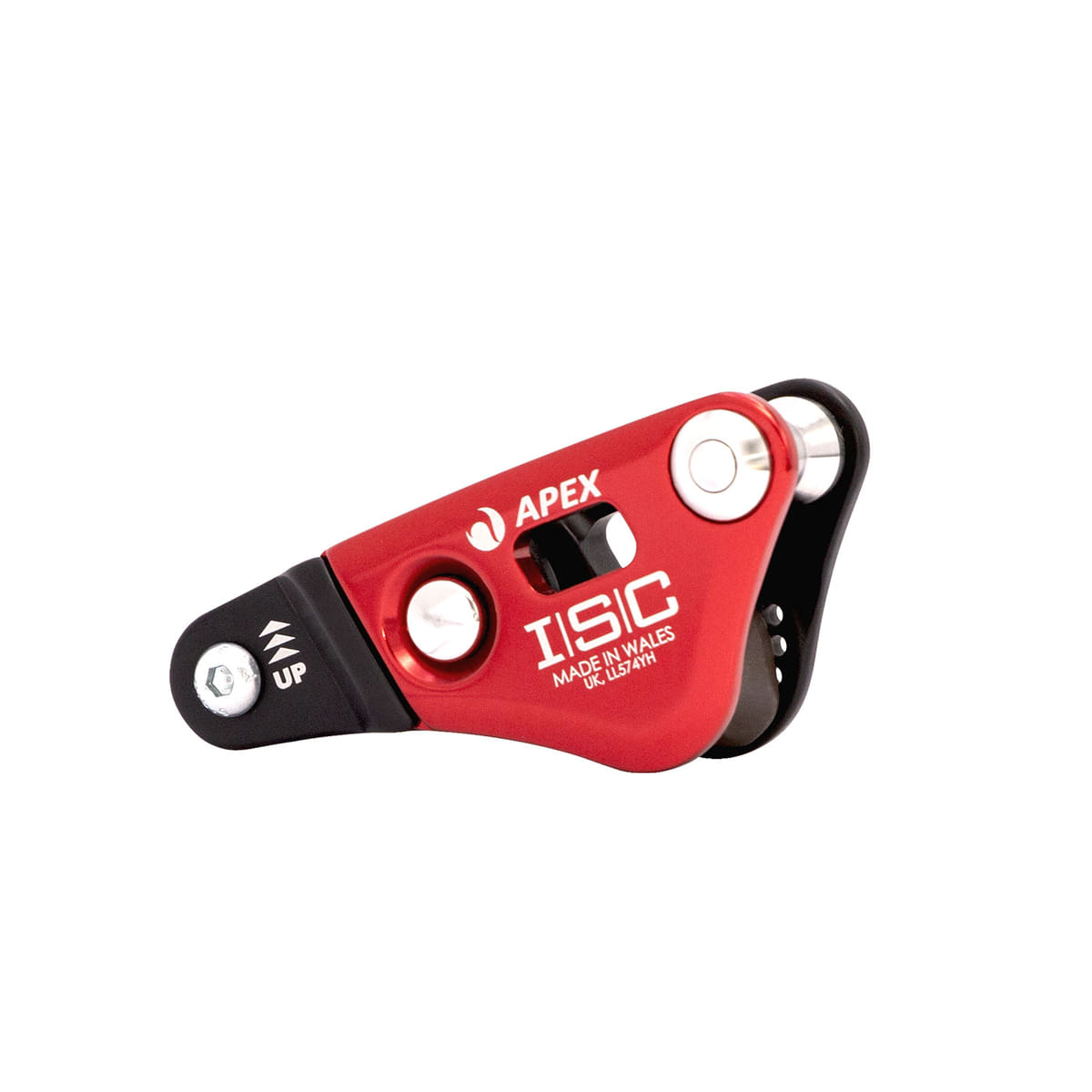 Apex Rope Wrench von ISC, rotes und schwarzes Metallgerät mit Aufschrift "APEX ISC Made in Wales", vor weißem Hintergrund