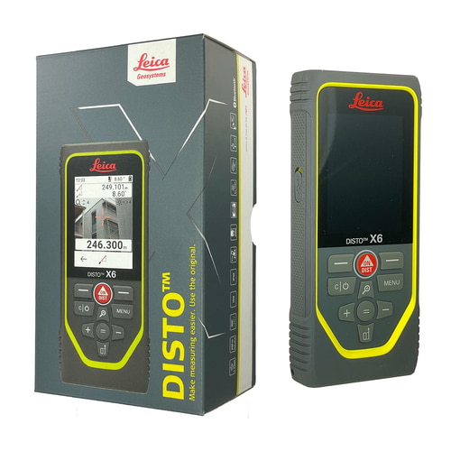Leica Disto X6 Laser-Entfernungsmesser mit Verpackung, graues Gehäuse mit gelber Umrandung und Display mit Messanzeige, Hersteller Leica Geosystems