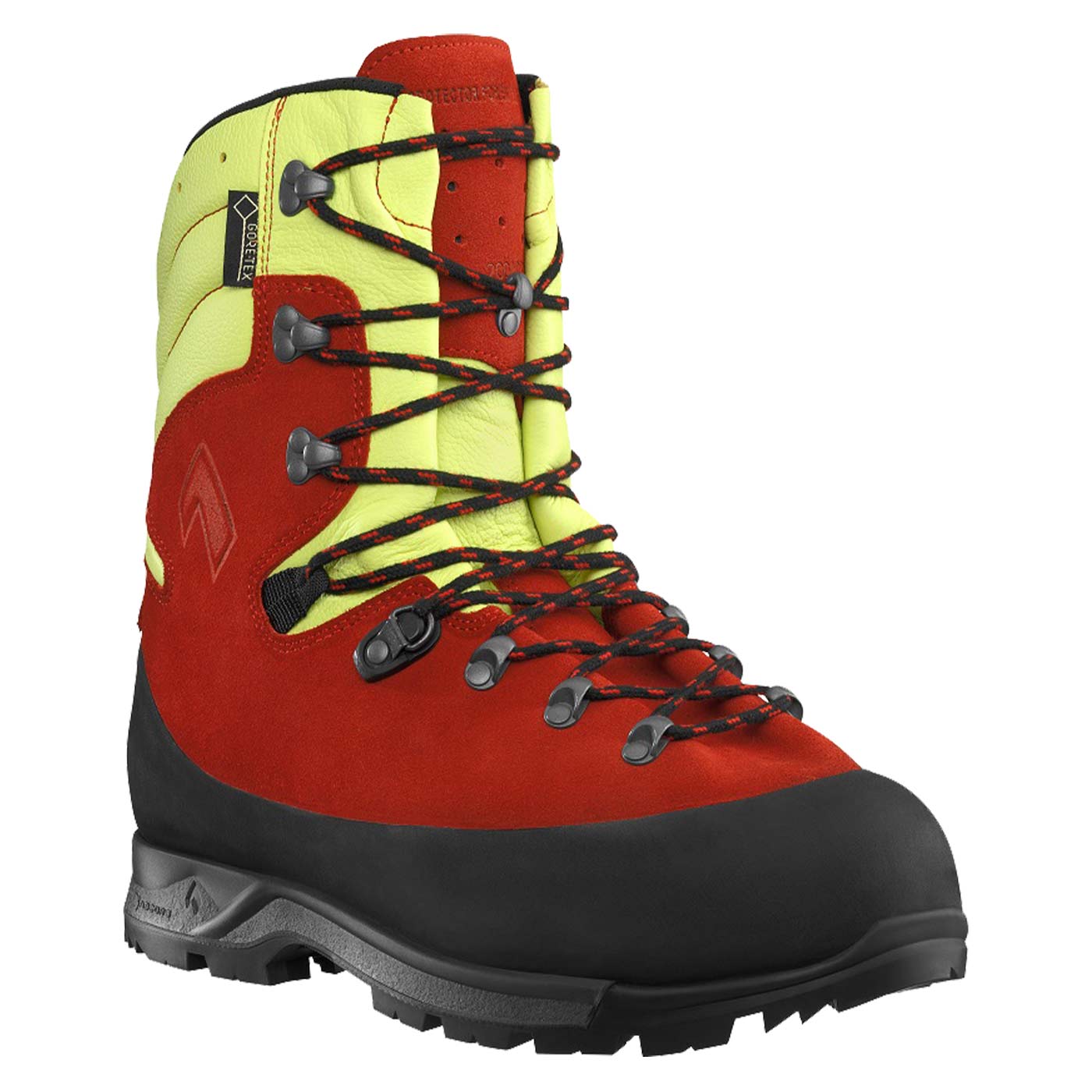 Protector Forest 2.1 GTX Wanderstiefel in Rot mit gelbem Schaft, schwarzer Sohle und schwarzen Schnürsenkeln, Hersteller nicht sichtbar