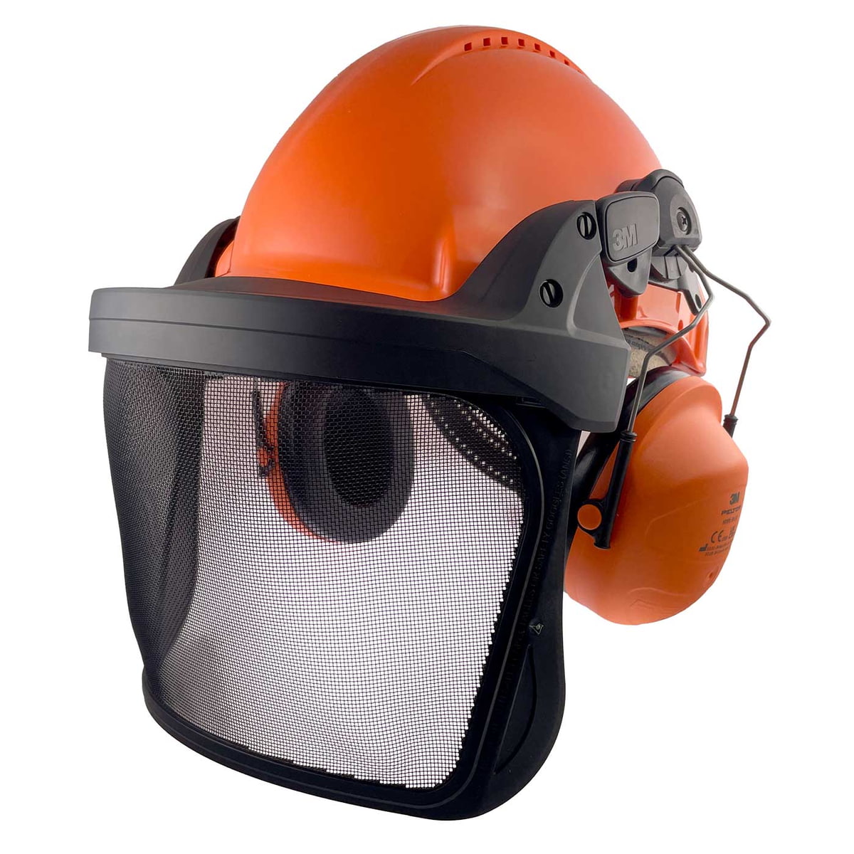 G3000 Komplettset orange Schutzhelm mit schwarzem Gesichtsschutzgitter und orangefarbenem 3M Peltor Gehörschutz, seitliche Ansicht