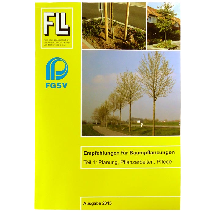 Empfehlungen Baumpflanzungen Teil 1 Buch mit gelbem Umschlag, auf dem Fotos von Bäumen und das Logo von FLL und FGSV zu sehen sind