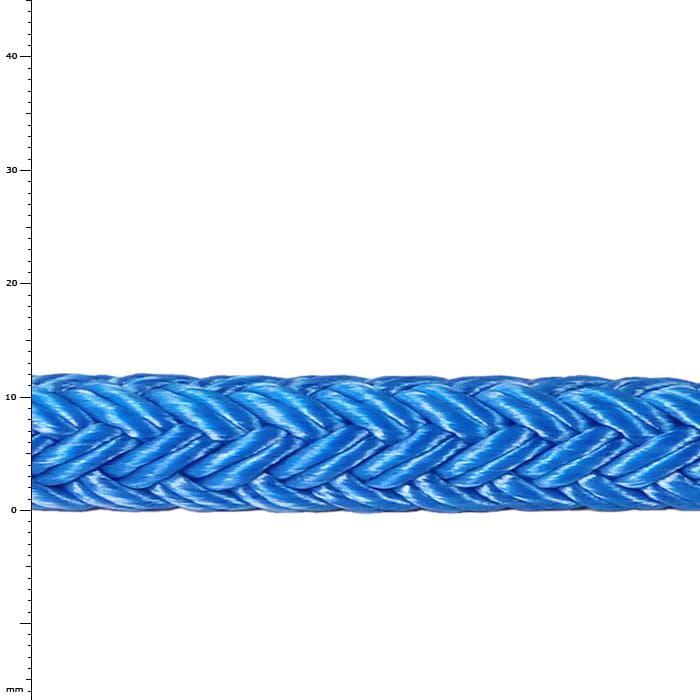 Tenex TEC 12 blau geflochtenes Seil, Nahaufnahme der Struktur und Muster des Seils