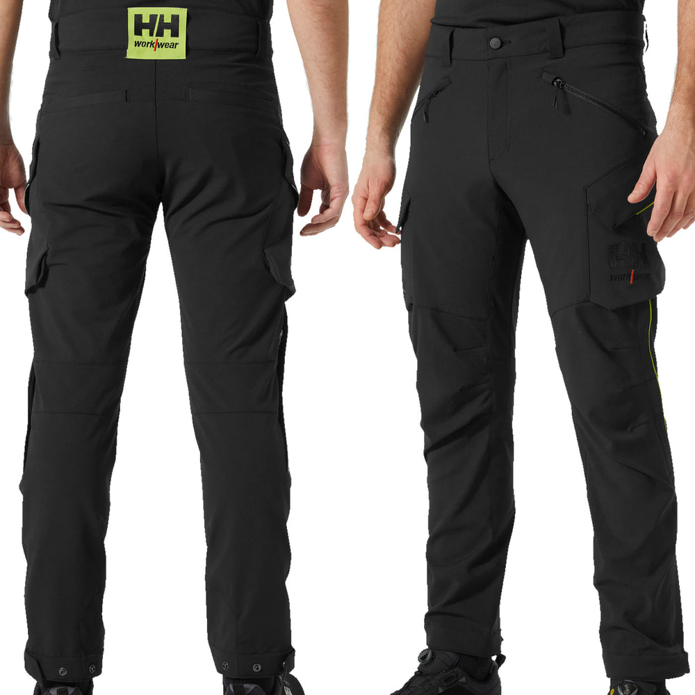 Magni Evolution Cargohose, schwarze Arbeitshose getragen von einem Modell, Vorder- und Rückseite sichtbar mit HH workwear Logo auf dem Bund