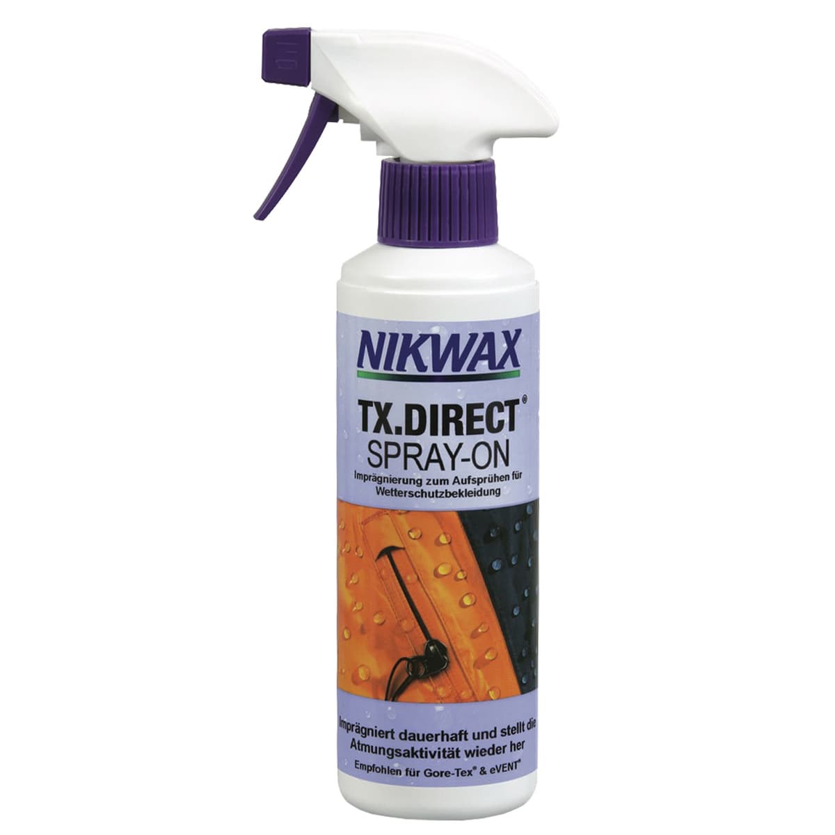 Nikwax TX-Direct Spray-On Imprägnierspray in weißer Sprühflasche mit lila Sprühkopf und lila Etikett, auf dem ein orange-schwarzes Kleidungsstück mit Wassertropfen abgebildet ist