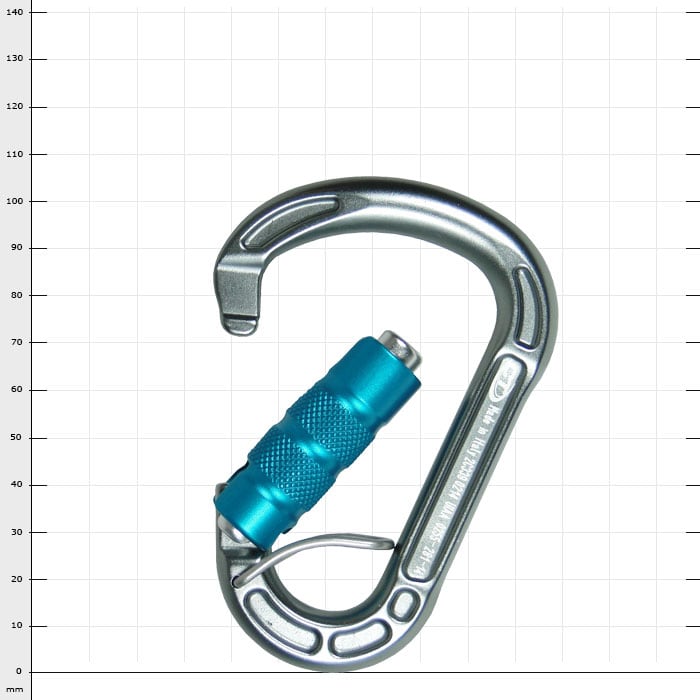 Cevedale Triplex Karabiner in silber mit blauem Schraubverschluss, geöffnet