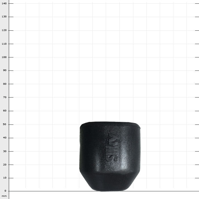 Hayauchi 297 + 490 Gummipuffer schwarz mit eingraviertem Schriftzug "SIS" auf weißem Hintergrund mit Millimeter-Skala