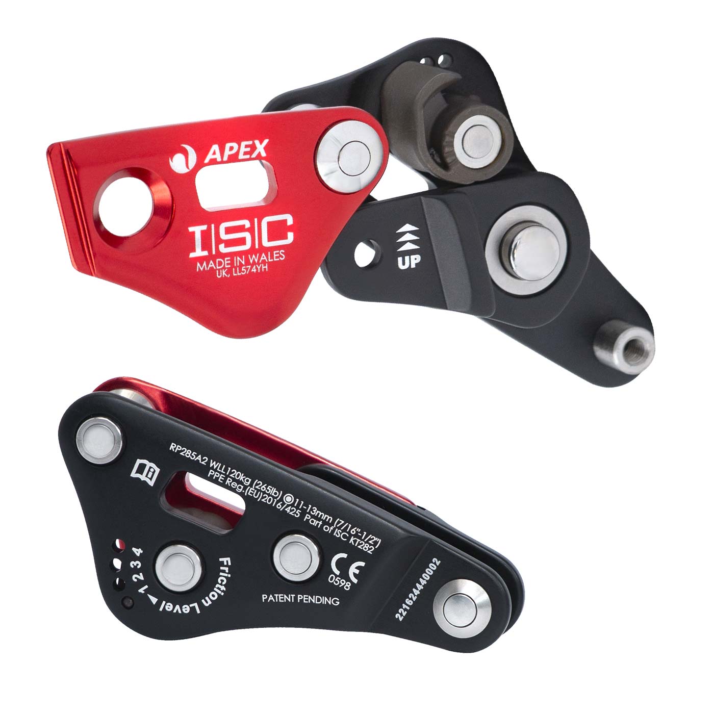 Apex Rope Wrench von ISC, rotes und schwarzes Metallgerät mit technischen Details und Aufschriften, vor weißem Hintergrund