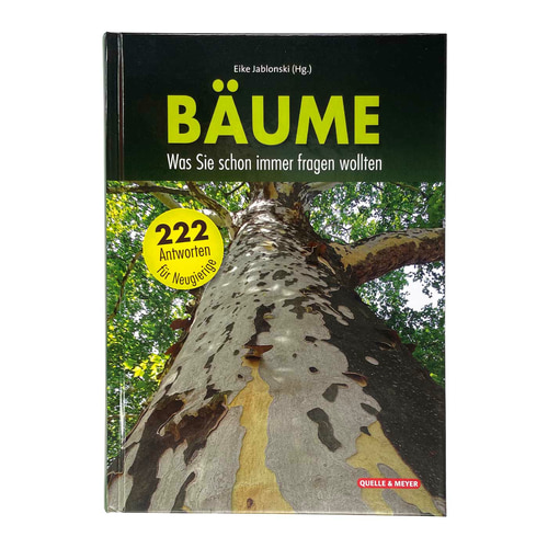 Buch Bäume - Was Sie immer schon fragen wollten von Eike Jablonski mit einem Baumstamm auf dem Cover und gelbem Aufkleber mit der Aufschrift "222 Antworten für Neugierige"