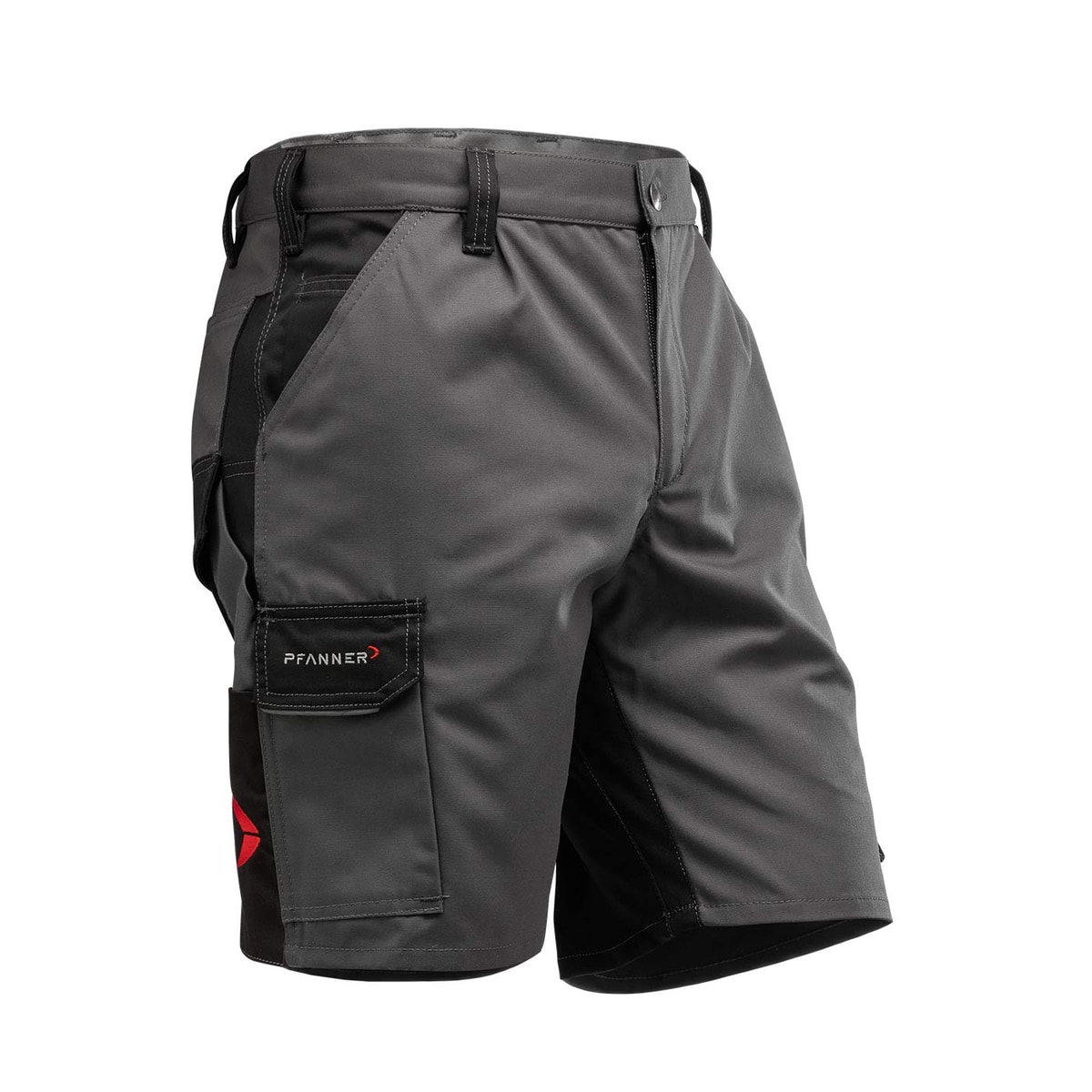 StretchZone Canvas Shorts von Pfanner in Grau mit schwarzem Einsatz an der Seite, sichtbare Gürtelschlaufen und eine seitliche Tasche mit Klappe und Pfanner-Logo.