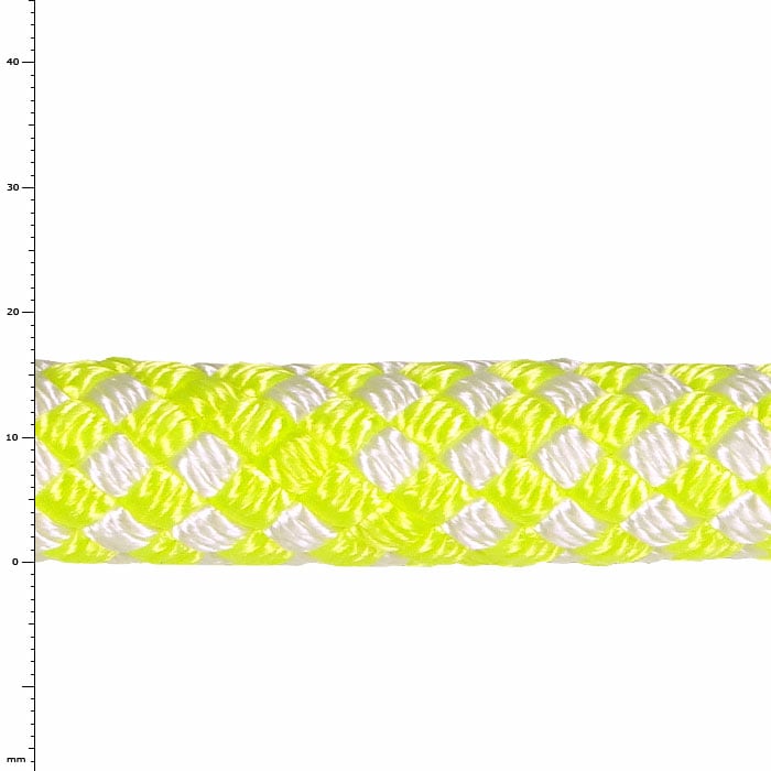Sirius Bull Rope 16, Nahaufnahme eines geflochtenen Seils in den Farben Gelb und Weiß
