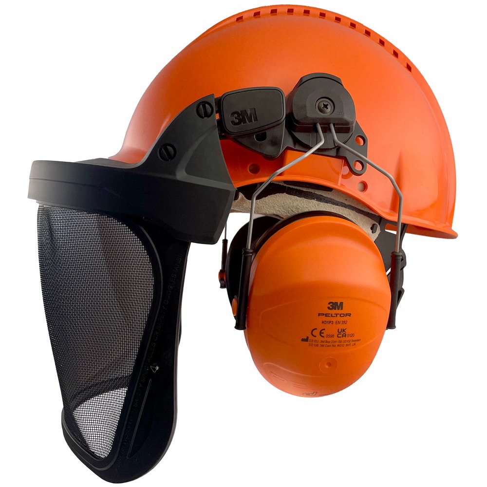 G3000 Komplettset orange Schutzhelm mit schwarzem Gesichtsschutzgitter und orangefarbenem 3M Peltor Gehörschutz