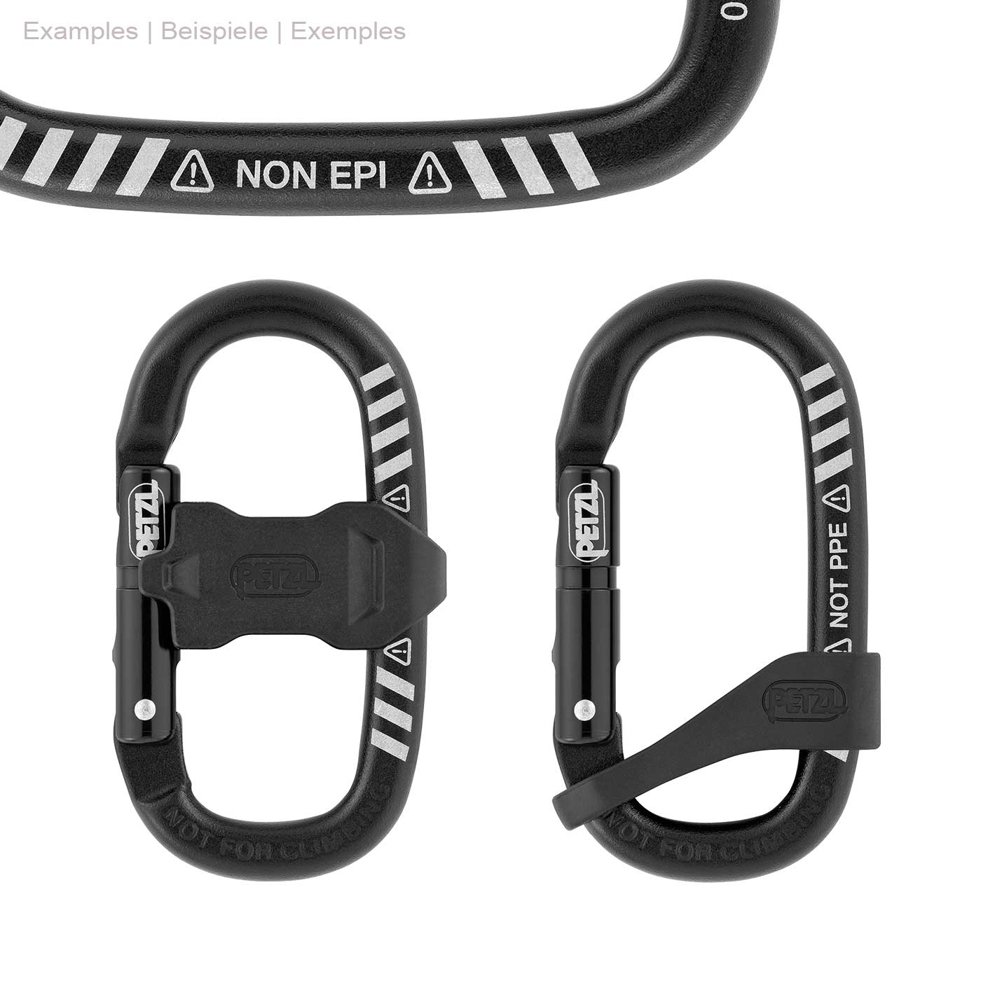 Zwei schwarze Mino Captiv Karabiner von Petzl nebeneinander, einer mit Sicherheitsverschluss und Sicherung, der andere mit Drehverschluss und Sicherung