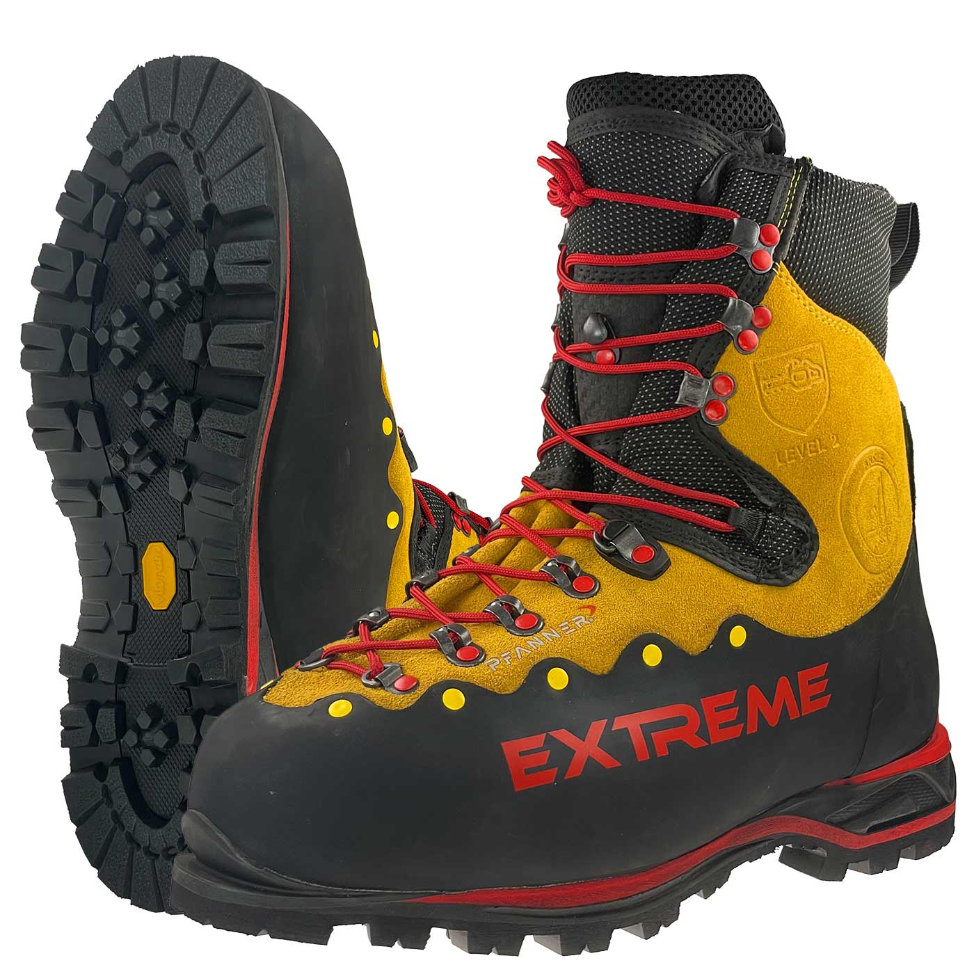 Bergstiefel Zugspitze Extreme in Gelb und Schwarz mit roten Schnürsenkeln, Profilsohle und Schriftzug "EXTREME" in Rot auf der Seite
