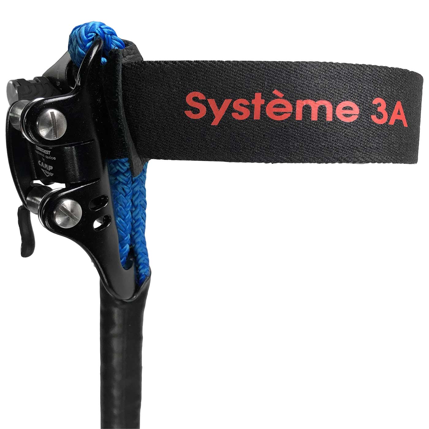Nahaufnahme des Systems 3A S mit schwarzem Band, roter Aufschrift "Système 3A" und blauem Seil, metallischem Mechanismus