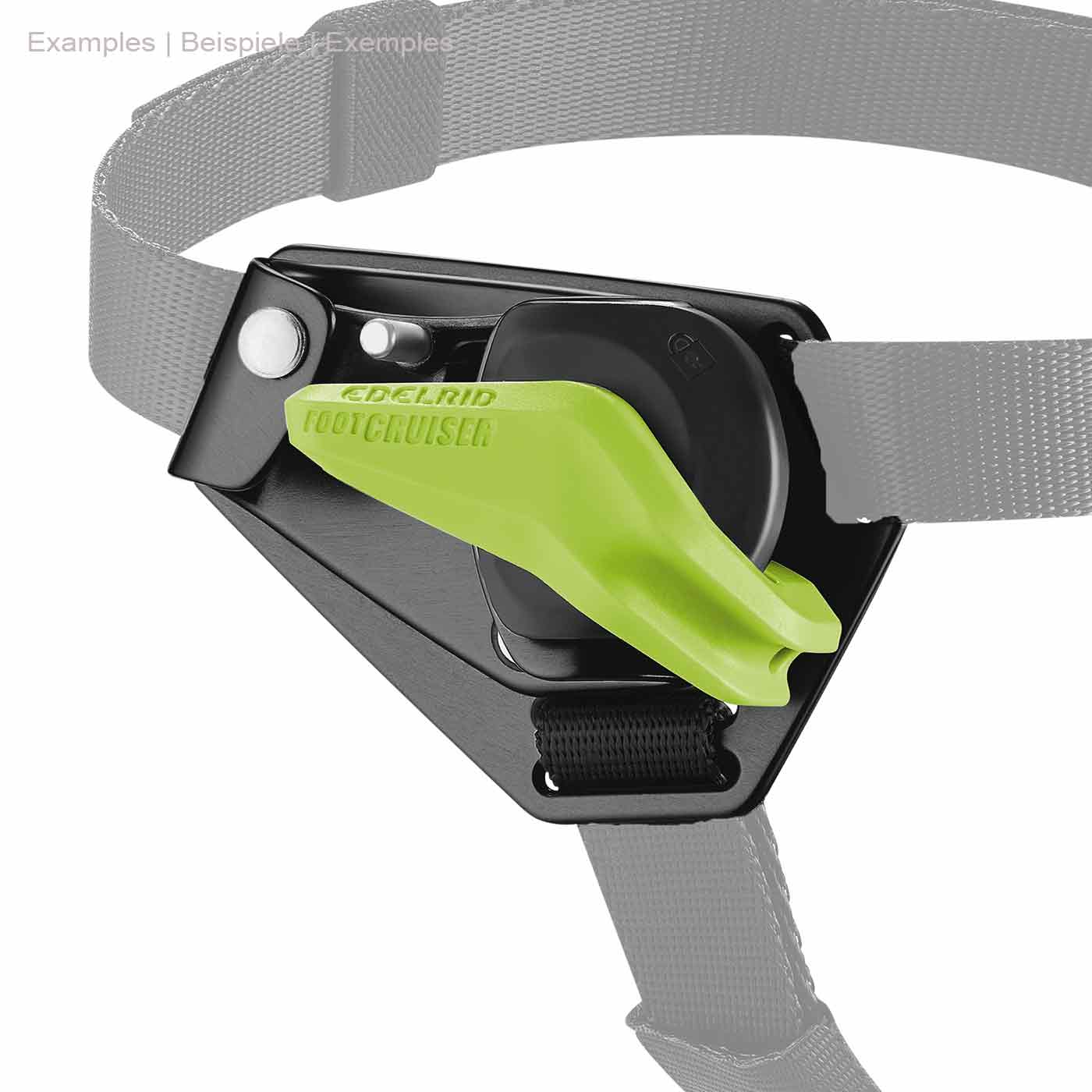Foot Cruiser R Verriegelungshebel von Edelrid in grün und schwarz an einem grauen Gurt befestigt
