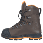 Trekker Mountain 2.0 brauner Bergstiefel seitliche Ansicht mit schwarzen und orangefarbenen Schnürsenkeln, schwarzer Sohle und orangefarbenem Innenfutter, Herstellername nicht sichtbar