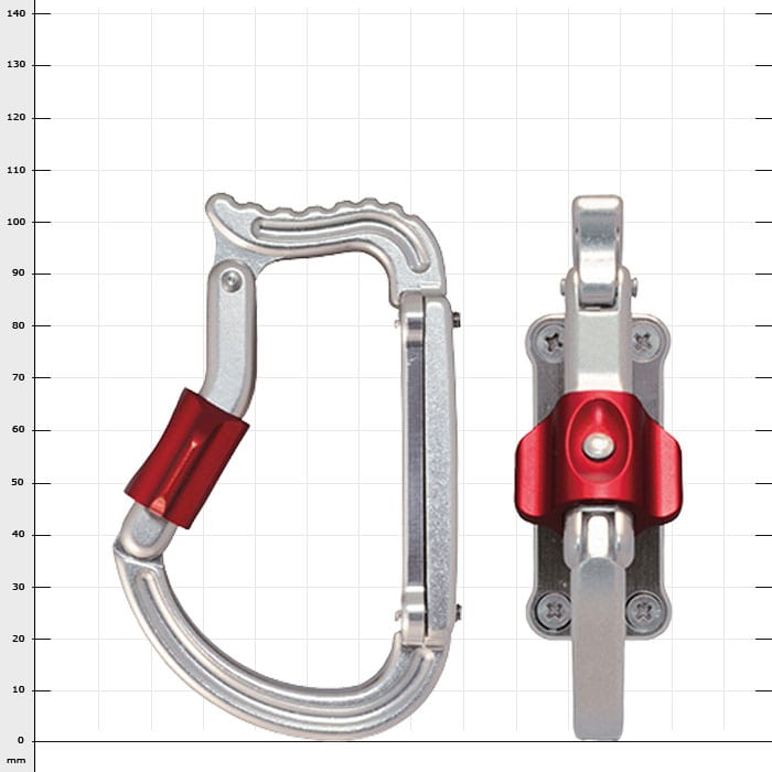 transPorter Karabinerhaken mit rotem Verschluss, Ansicht von der Seite und von oben